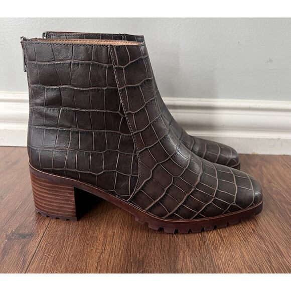 MADEWELL Women’s Brown Croc Embossed Leather Katie Lugsole Boots Shoes - Picture 5 of 14